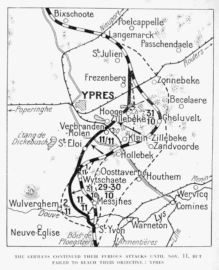 THE GERMANS CONTINUED THEIR FURIOUS ATTACKS UNTIL NOV. 11, BUT
FAILED TO REACH THEIR OBJECTIVE: YPRES